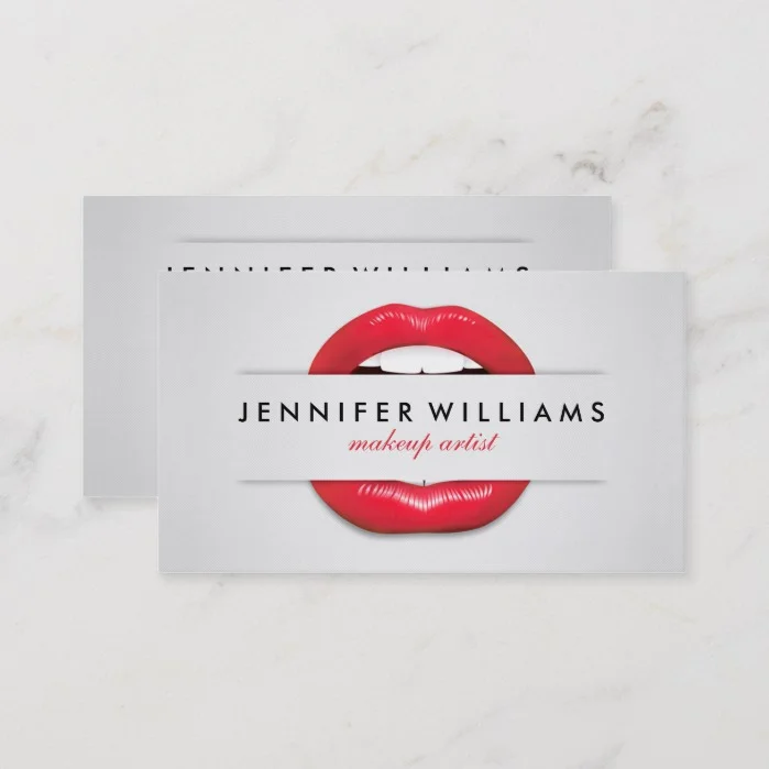 Makeup artist cool red lips gray texture modern business card