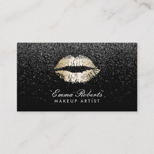 Makeup Artist Gold Lips Trendy Black Glitter Business Card