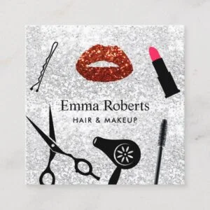 Makeup Artist Hair Salon Modern Silver Glitter Square Business Card