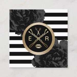 Makeup Artist Hair Salon Modern Stripes Floral Square Business Card