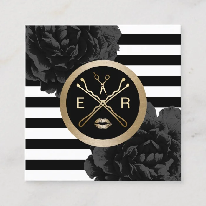 Makeup Artist Hair Salon Modern Stripes Floral Square Business Card