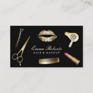Makeup Artist Hair Stylist Modern Black & Gold Business Card
