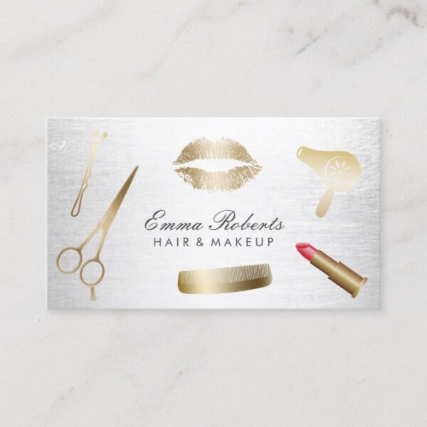 Makeup Artist Hair Stylist Modern Gold & Silver Business Card