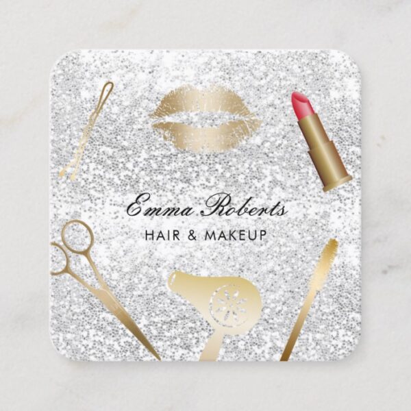 Makeup Artist Hair Stylist Trendy Silver Glitter Square Business Card