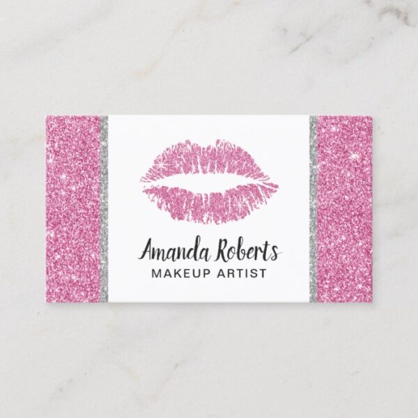 Makeup Artist Hot Pink Glitter Lips Beauty Salon Business Card