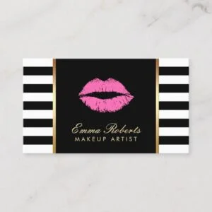 Makeup Artist Pink Lips Modern Black White Stripes Business Card