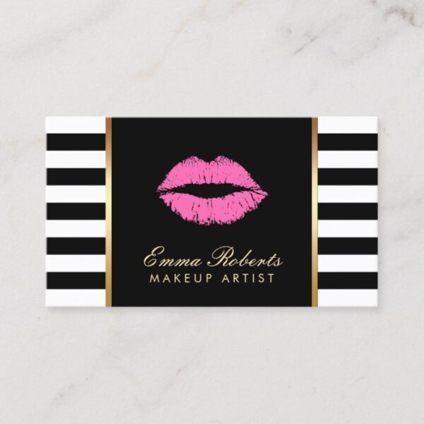 Makeup Artist Pink Lips Modern Black White Stripes Business Card