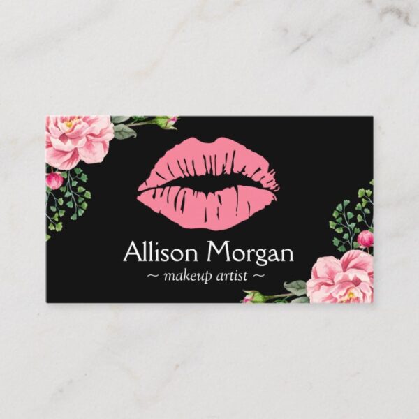 Makeup Artist Pink Lips Vintage Floral Decor Business Card