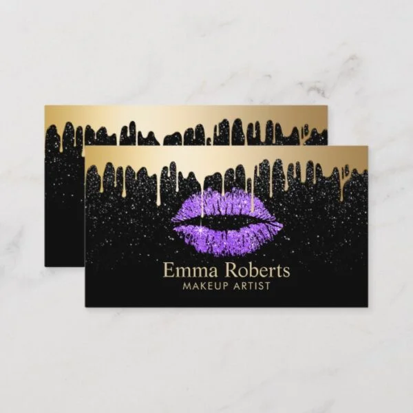 Makeup Artist Purple Lips Gold Drips Modern Black Business Card