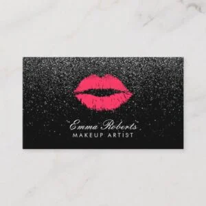 Makeup Artist Red Lips Black Glitter Modern Business Card
