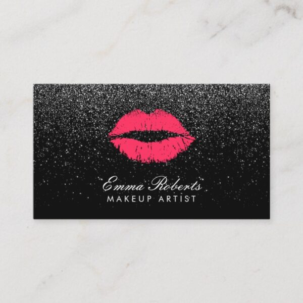 Makeup Artist Red Lips Black Glitter Modern Business Card