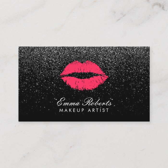 Makeup Artist Red Lips Black Glitter Modern Business Card