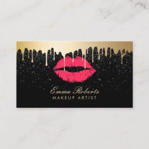 Makeup Artist Red Lips Gold Drips Modern Black Business Card