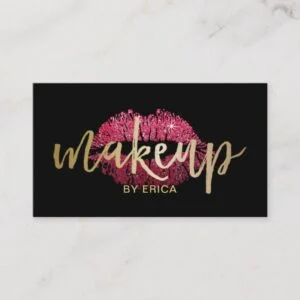 Makeup Artist Red Lips Modern Black & Gold Business Card