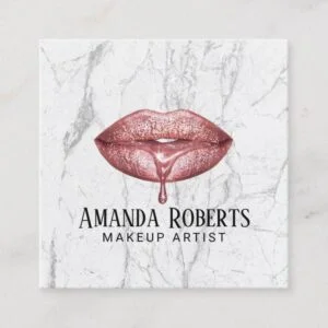 Makeup Artist Rose Gold Dripping Lips Marble Square Business Card