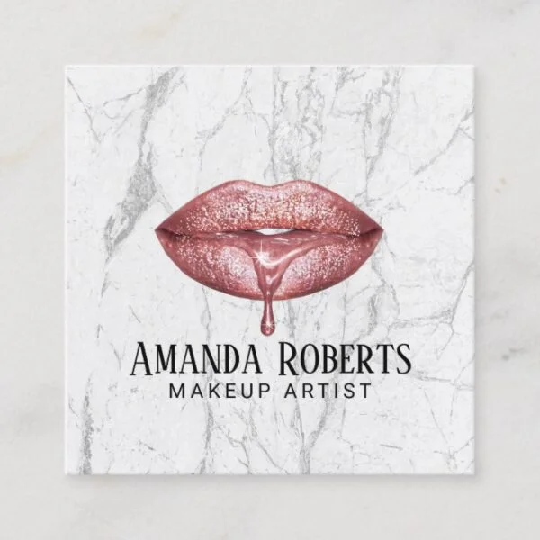 Makeup Artist Rose Gold Dripping Lips Marble Square Business Card