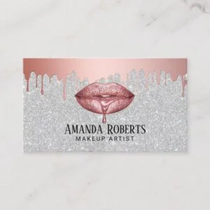 Makeup Artist Rose Gold Dripping Lips Silver Business Card