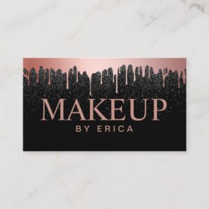 Makeup Artist Rose Gold Drips Trendy Black Glitter Business Card