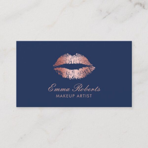 Makeup Artist Rose Gold Lips Navy Blue Salon Business Card