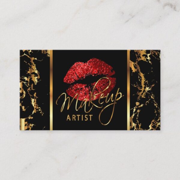 Makeup Artist with Marble Gold & Red Accents Business Card
