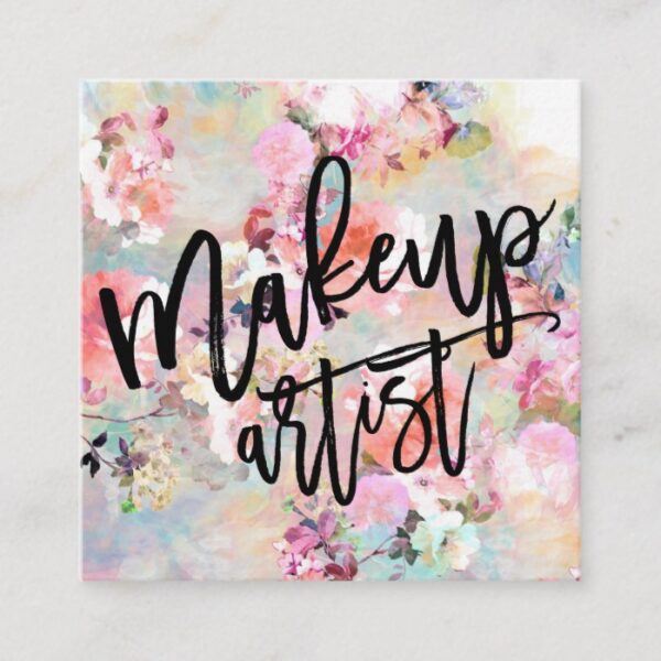 Makeup typography modern floral watercolor square business card