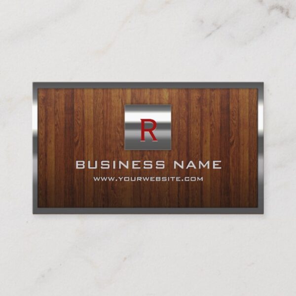 Metal Monogram Steel Border Wood Professional Business Card