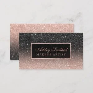 Modern black rose gold glitter chic ombre makeup business card