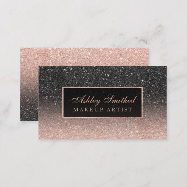 Modern black rose gold glitter chic ombre makeup business card