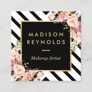 Modern Black White Stripes Pink Floral Gold Frame Square Business Card