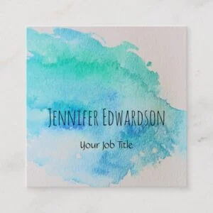 Modern blue green teal watercolor splatter square business card