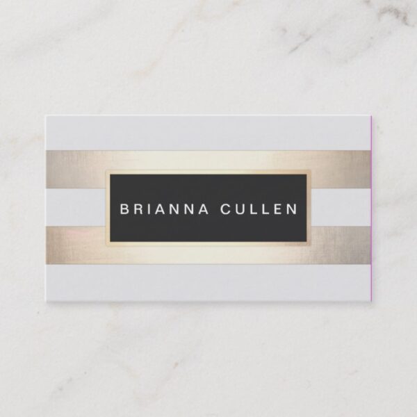 Modern Chic Striped Gold Foil (image) and Black Business Card