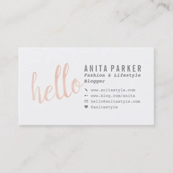 Modern coral watercolor brush hello script blogger business card