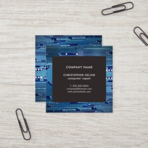 Modern Elegant Grey Blue Circuit Computer Repair Square Business Card