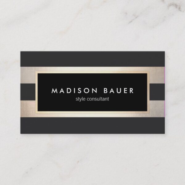 Modern Elegant Striped Trendy Black Gold Foil Business Card