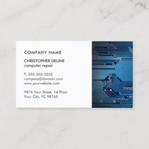 Modern Elegant White Blue Circuit Computer Repair Business Card