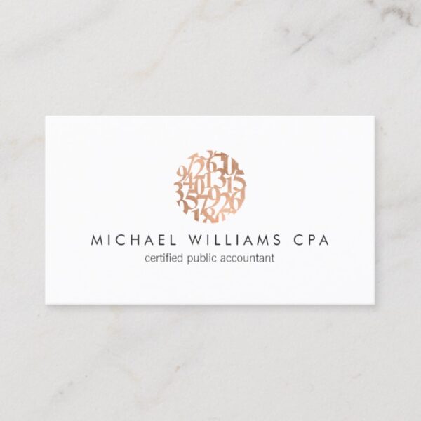 Modern Faux Copper Rose Gold Numbers Accountant Business Card