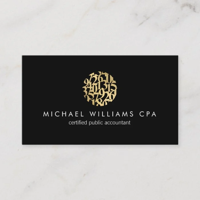 Modern Faux Gold Numbers Logo Accountant Black Business Card