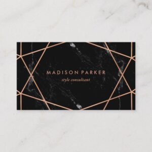 Modern Faux Rose Gold Geometric on Black Marble Business Card