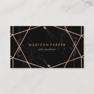 Modern Faux Rose Gold Geometric on Black Marble Business Card