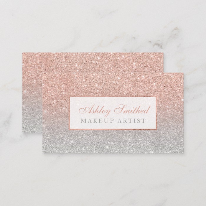 Modern faux rose gold glitter silver ombre makeup business card