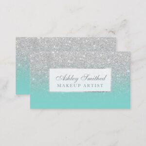 Modern faux silver glitter teal ombre makeup business card