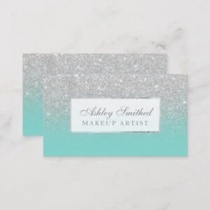 Modern faux silver glitter teal ombre makeup business card