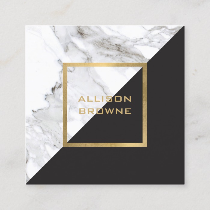 Modern Geometric Marble/Black and Faux Gold Square Business Card