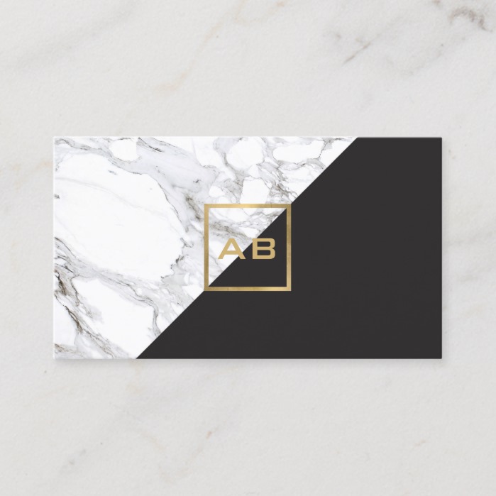 Modern Geometric Marble/Black Monogram Logo Business Card