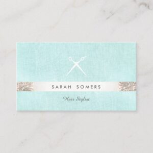 Modern Hairstylist Scissors Logo Sequin Turquoise Business Card