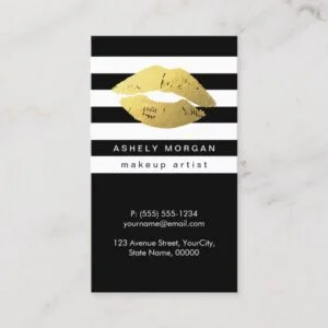 Modern Makeup Gold Lips - Chic Black White Stripes Business Card