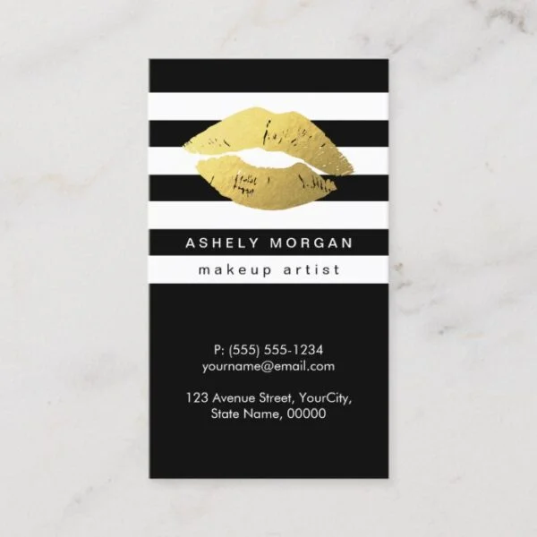 Modern Makeup Gold Lips - Chic Black White Stripes Business Card
