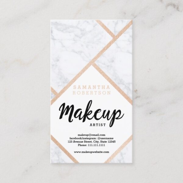 Modern rose gold white marble color block Makeup Business Card