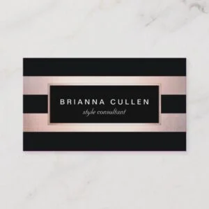 Modern Stylish Rose Gold Black Striped 2 Business Card