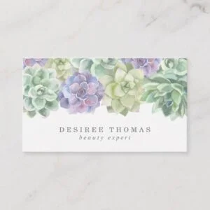 Modern Trendy Green Purple Watercolor Succulent Business Card